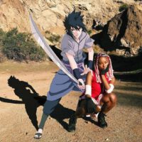 Black girl as sakura with sasuke cartoon