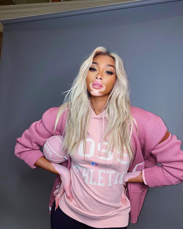 Winnie harlow wearing pink boss