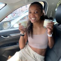 Gabby Thomas with smoothies