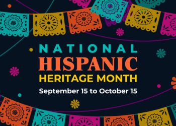 Hispanic heritage month colorful banner with greeting on black background