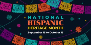 Hispanic heritage month colorful banner with greeting on black background