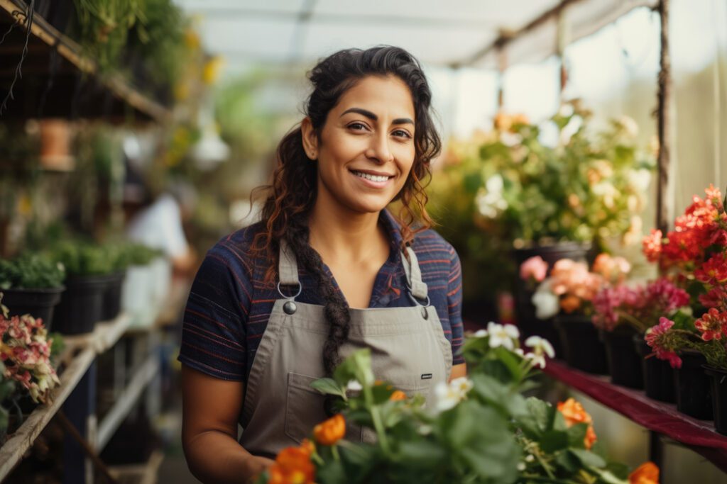 Smiling Hispanic female small business owner in her florist shop.