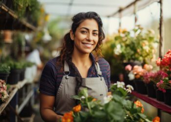 Smiling Hispanic female small business owner in her florist shop.