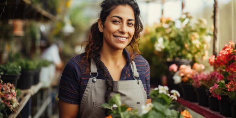 Smiling Hispanic female small business owner in her florist shop.