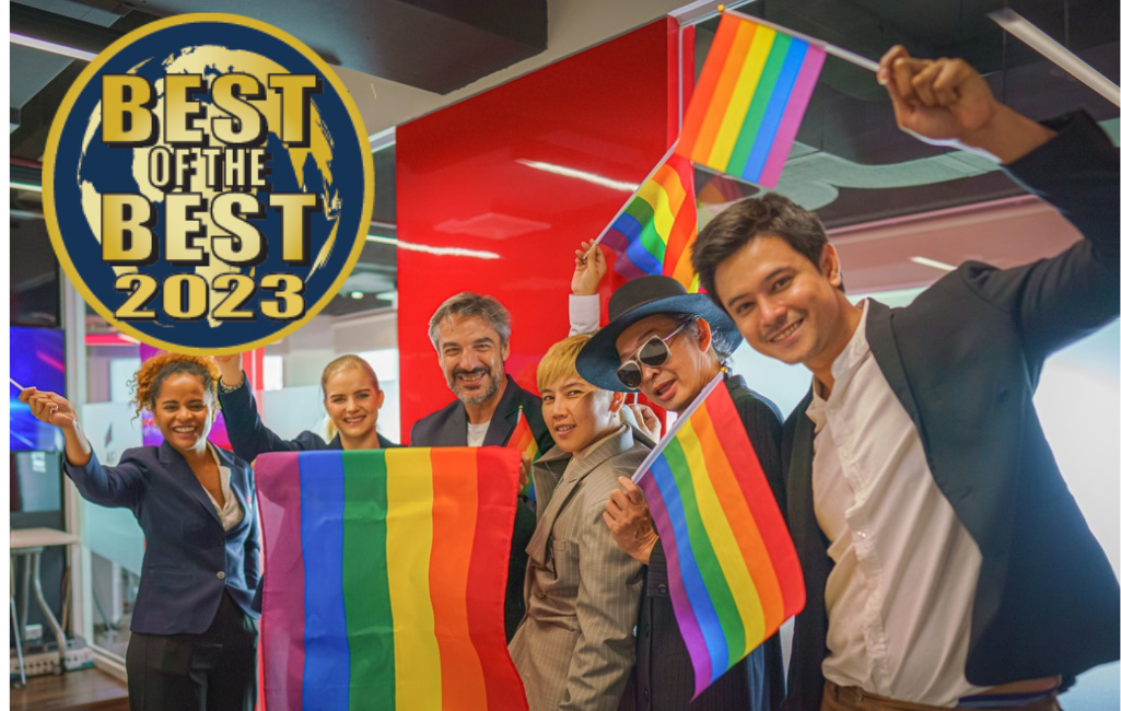 diverse group of business people (man, woman, gay, transgender, lesbian, asian, caucasian, african american, lgbtq) with rainbow flag on hand combine together as teamwork in office, selective focused