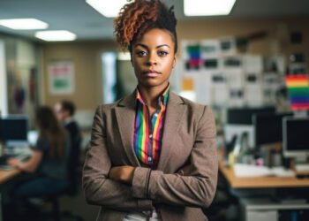 Woman business owner wearing an LGBTQ tie on her blouse