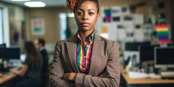 Woman business owner wearing an LGBTQ tie on her blouse