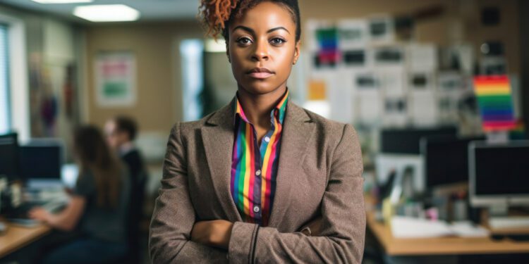 Woman business owner wearing an LGBTQ tie on her blouse