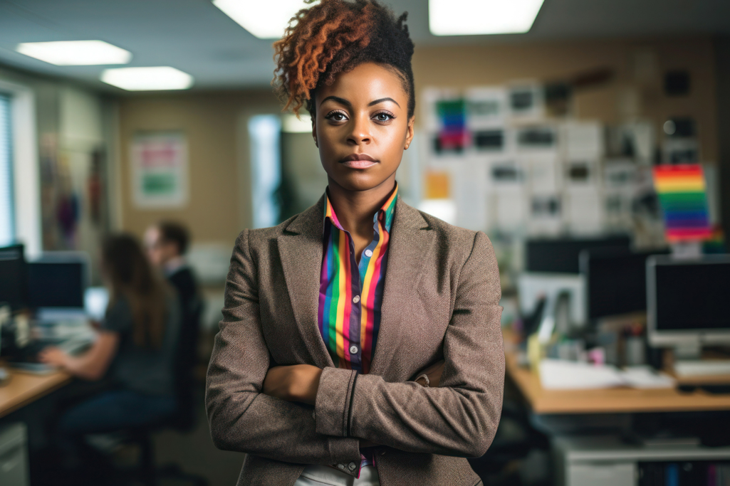 Woman business owner wearing an LGBTQ tie on her blouse