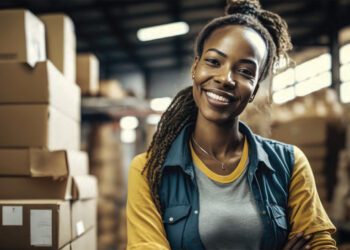 female business owner smiling with packages for shipping in background