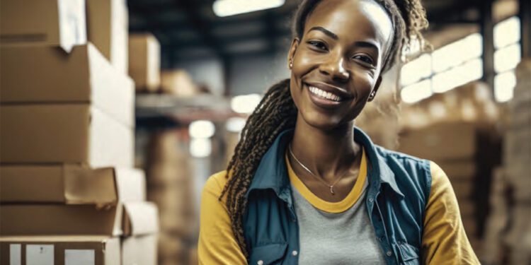 female business owner smiling with packages for shipping in background