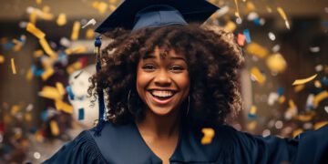 Happy black girl graduating student celebrating graduation