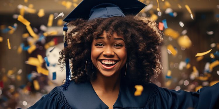 Happy black girl graduating student celebrating graduation