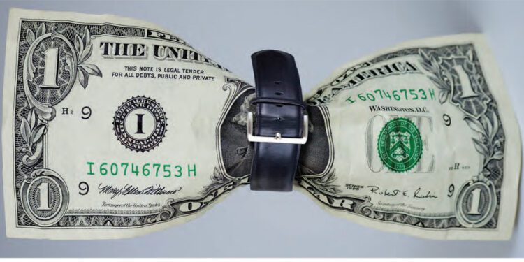 Dollar bill with belt tight around it